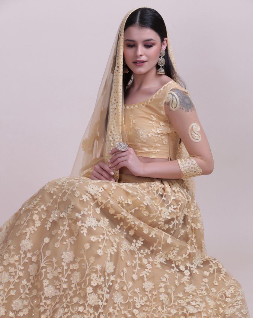 Jyoti Fashion Women's Cream Net Thread Embroidered Designer Lehenga Choli Set