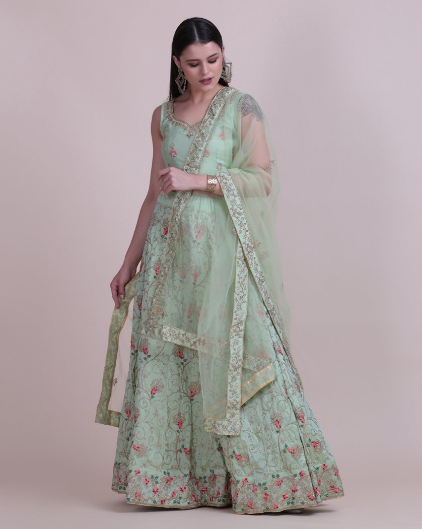 Jyoti Fashion Women's Sea Green Taffeta Silk Thread Embroidered Designer Lehenga Choli Set