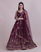 Jyoti Fashion Women's Wine Taffeta Silk Thread Embroidered Designer Lehenga Choli Set