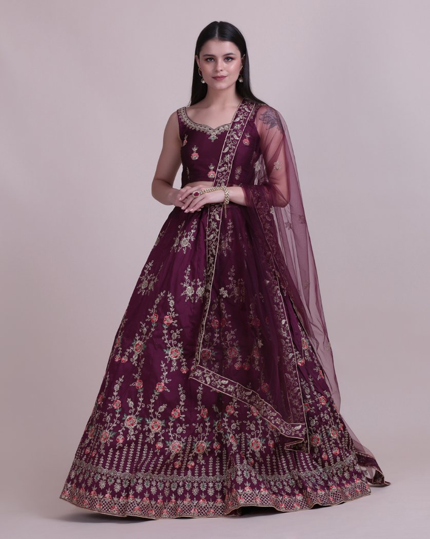 Jyoti Fashion Women's Wine Taffeta Silk Thread Embroidered Designer Lehenga Choli Set