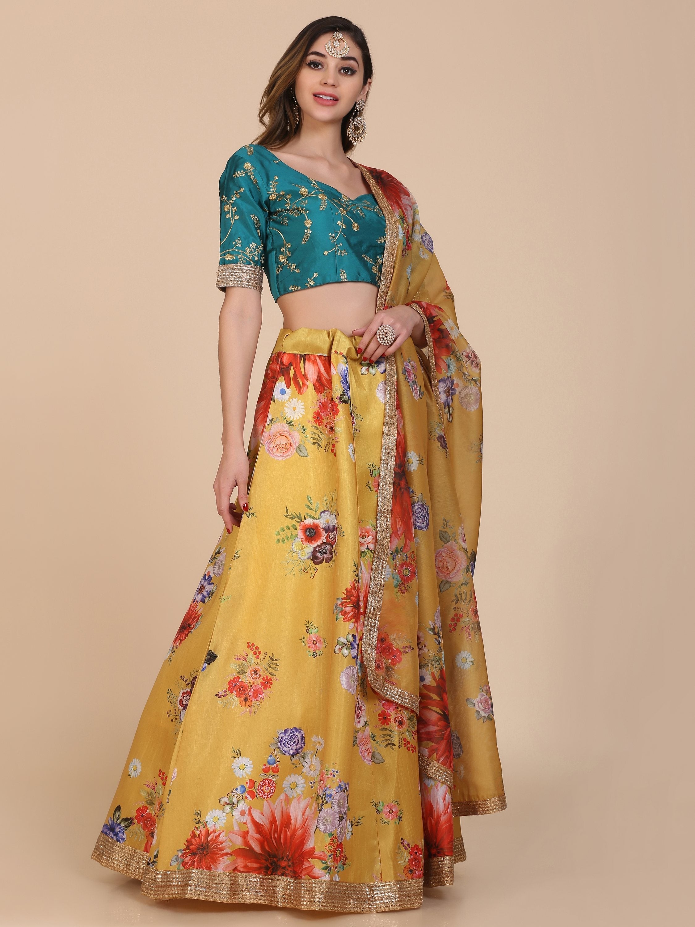 Jyoti Fashion Women's Yellow Banglory Silk Floral Printed Designer Lehenga Choli Set