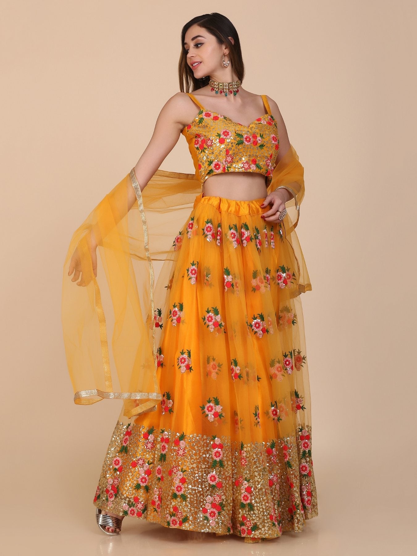 Jyoti Fashion Women's Yellow Net Thread Embroidered Designer Lehenga Choli Set