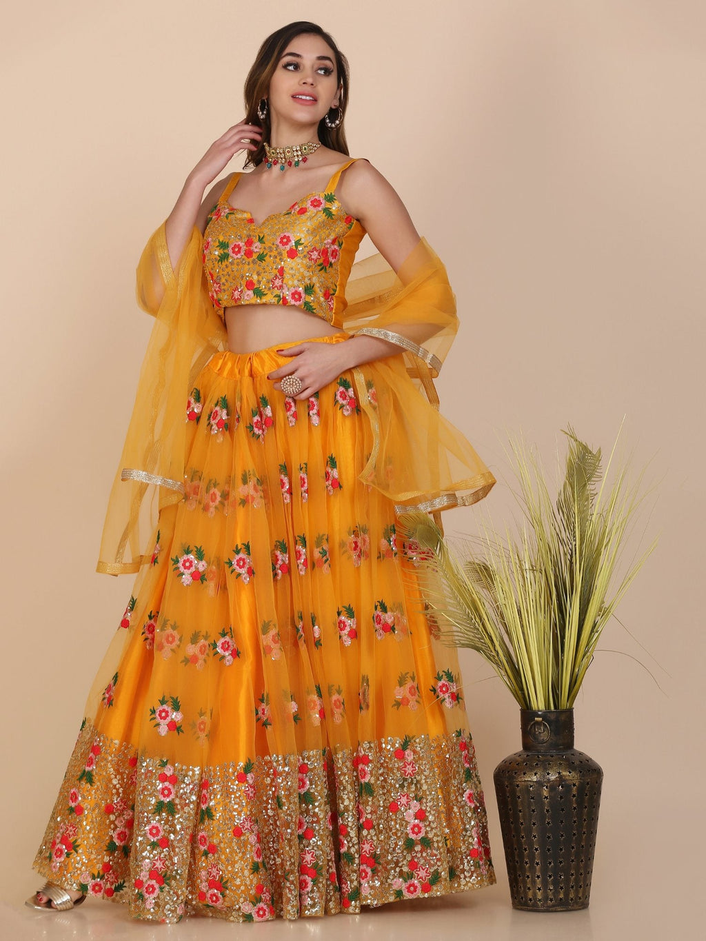 Jyoti Fashion Women's Yellow Net Thread Embroidered Designer Lehenga Choli Set