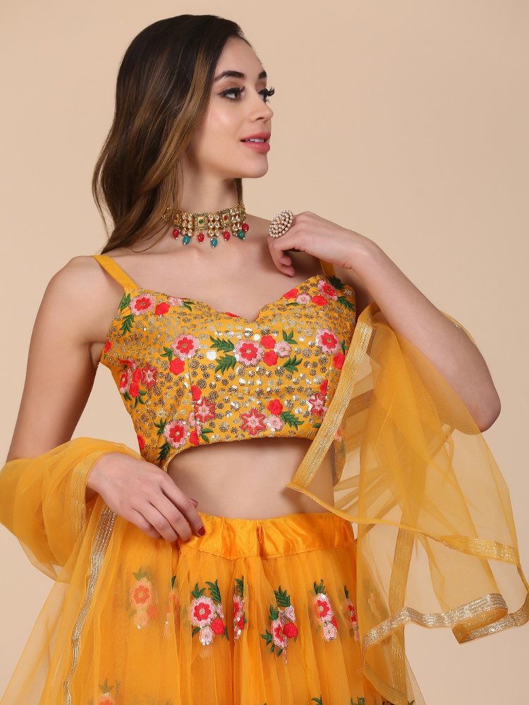 Jyoti Fashion Women's Yellow Net Thread Embroidered Designer Lehenga Choli Set