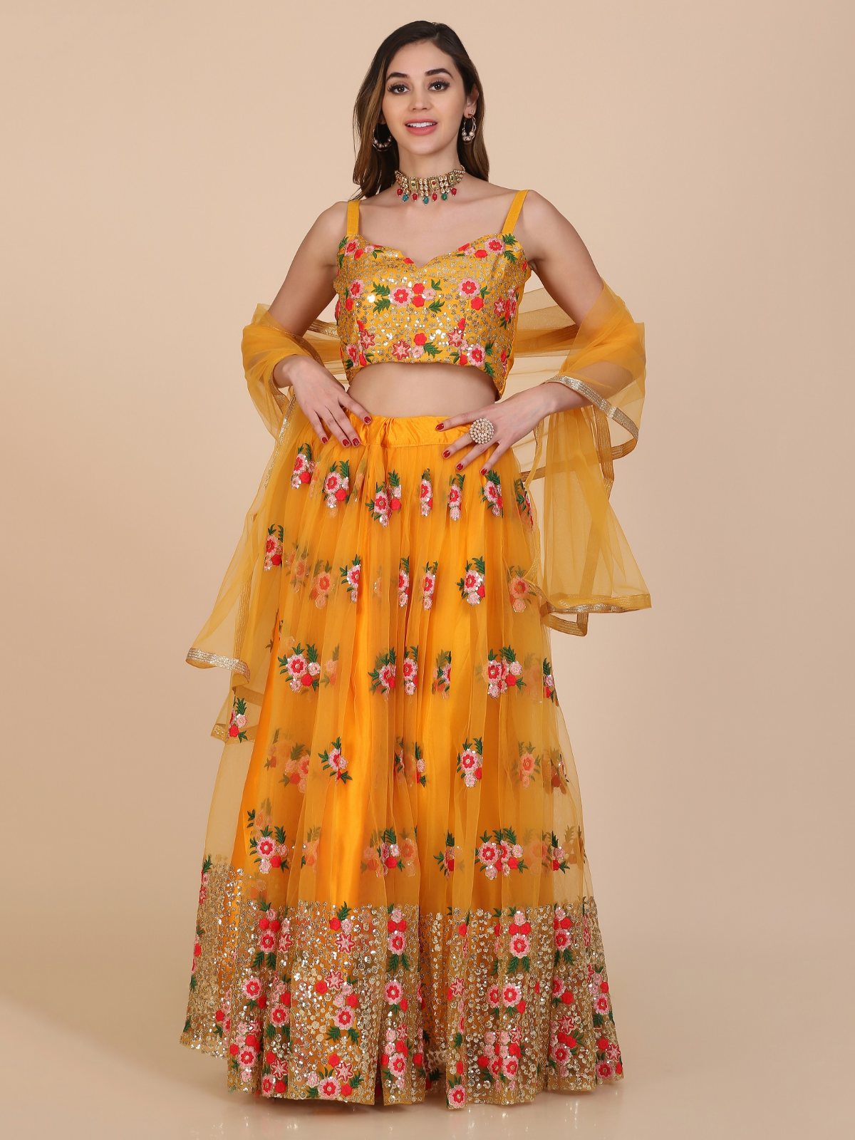Jyoti Fashion Women's Yellow Net Thread Embroidered Designer Lehenga Choli Set
