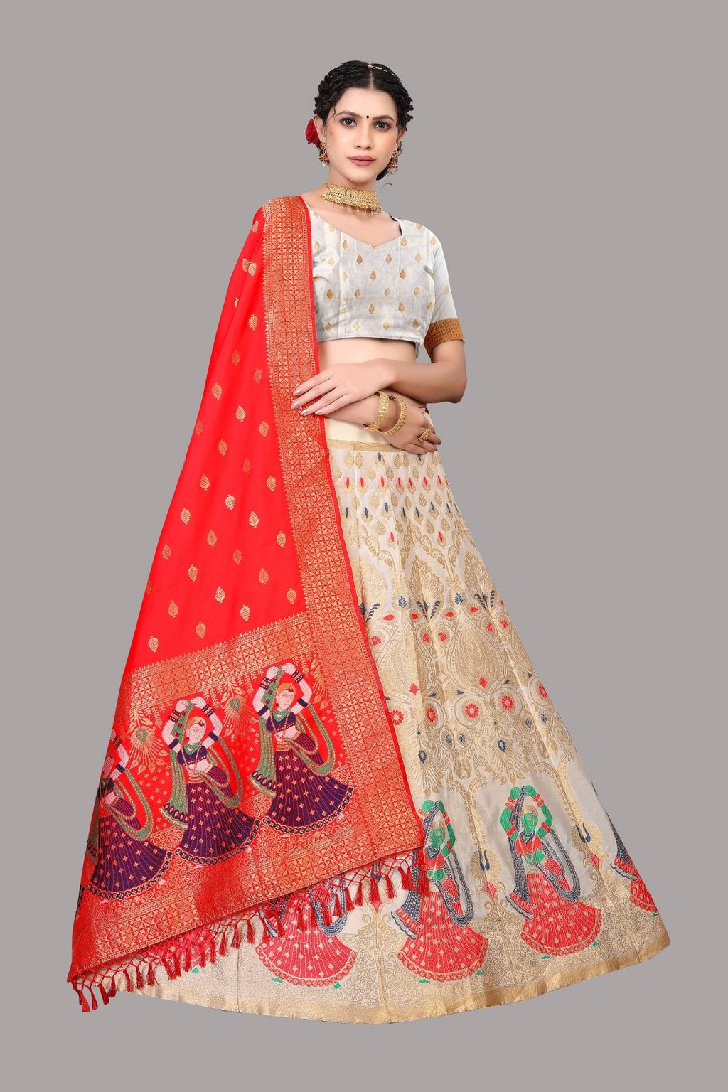 Jyoti Fashion Women's White Jacquard Zari Woven Designer Lehenga Choli Set