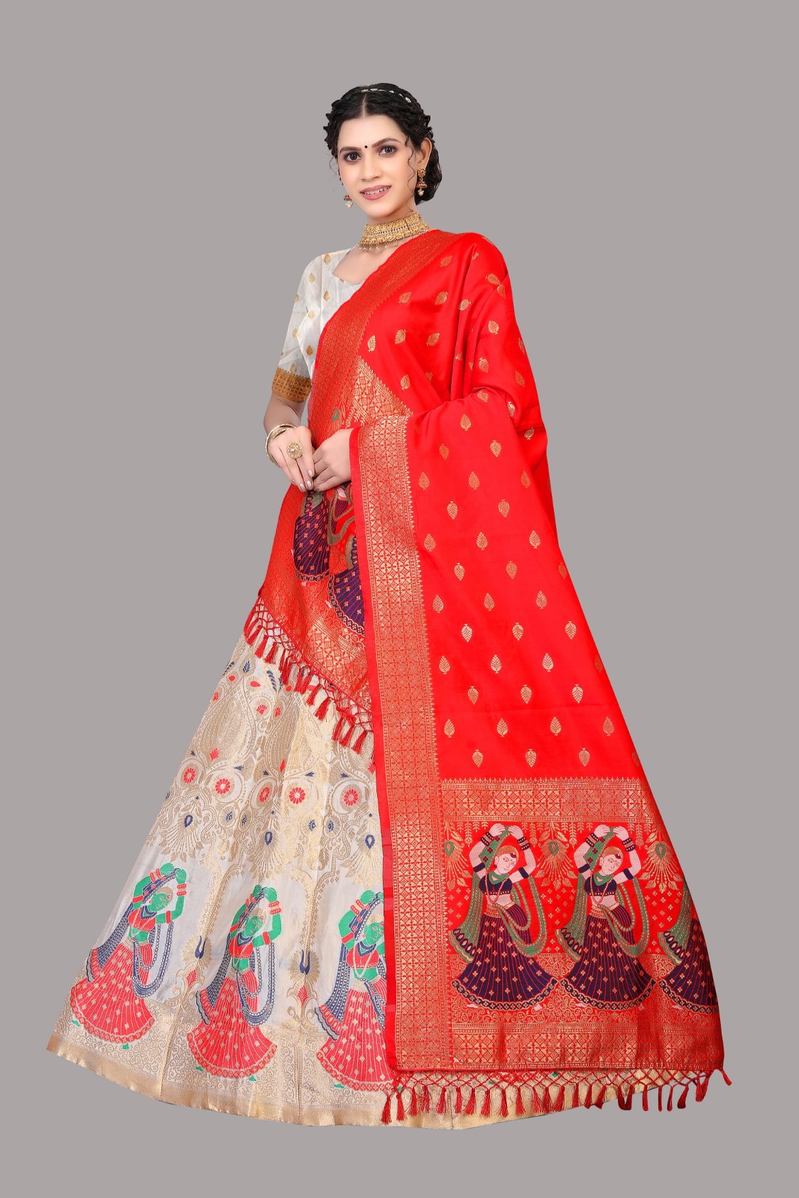 Jyoti Fashion Women's White Jacquard Zari Woven Designer Lehenga Choli Set