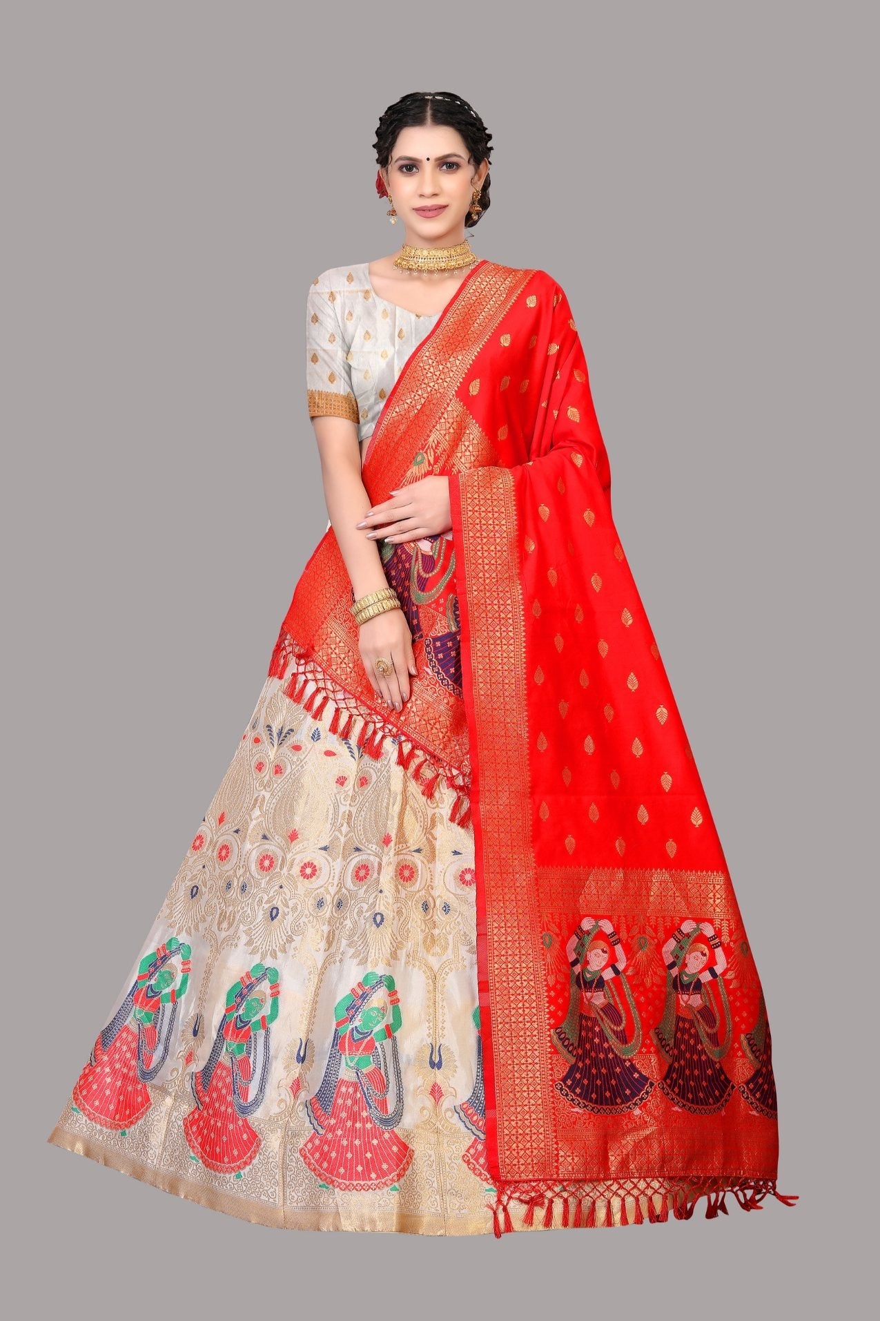 Jyoti Fashion Women's White Jacquard Zari Woven Designer Lehenga Choli Set