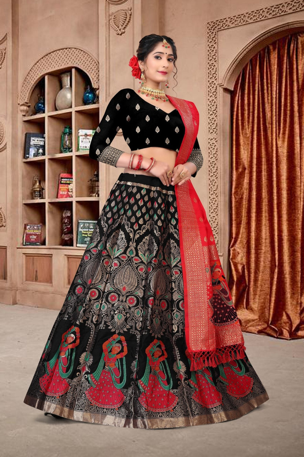 Jyoti Fashion Women's Black Jacquard Zari Woven Designer Lehenga Choli Set