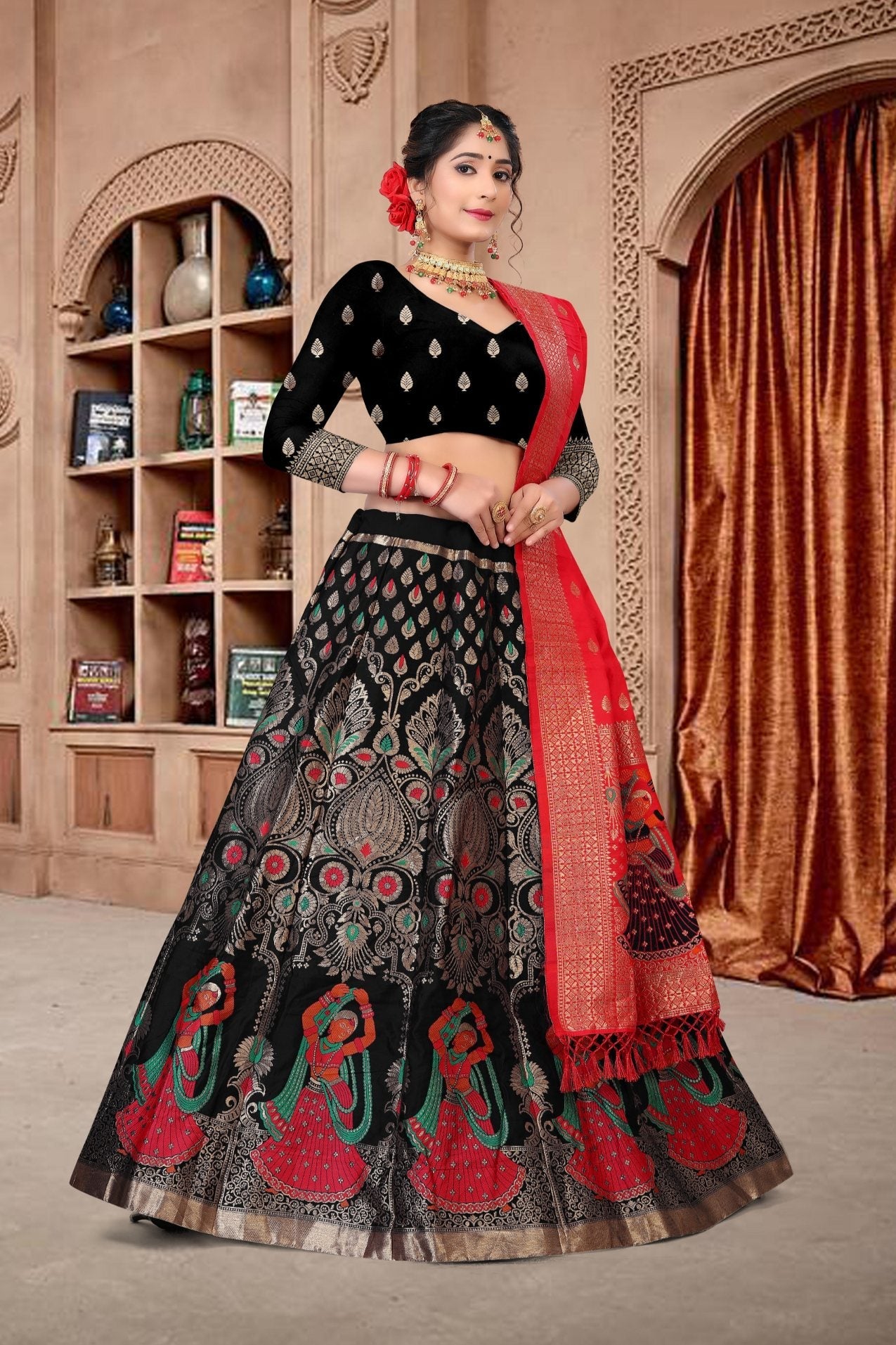 Jyoti Fashion Women's Black Jacquard Zari Woven Designer Lehenga Choli Set