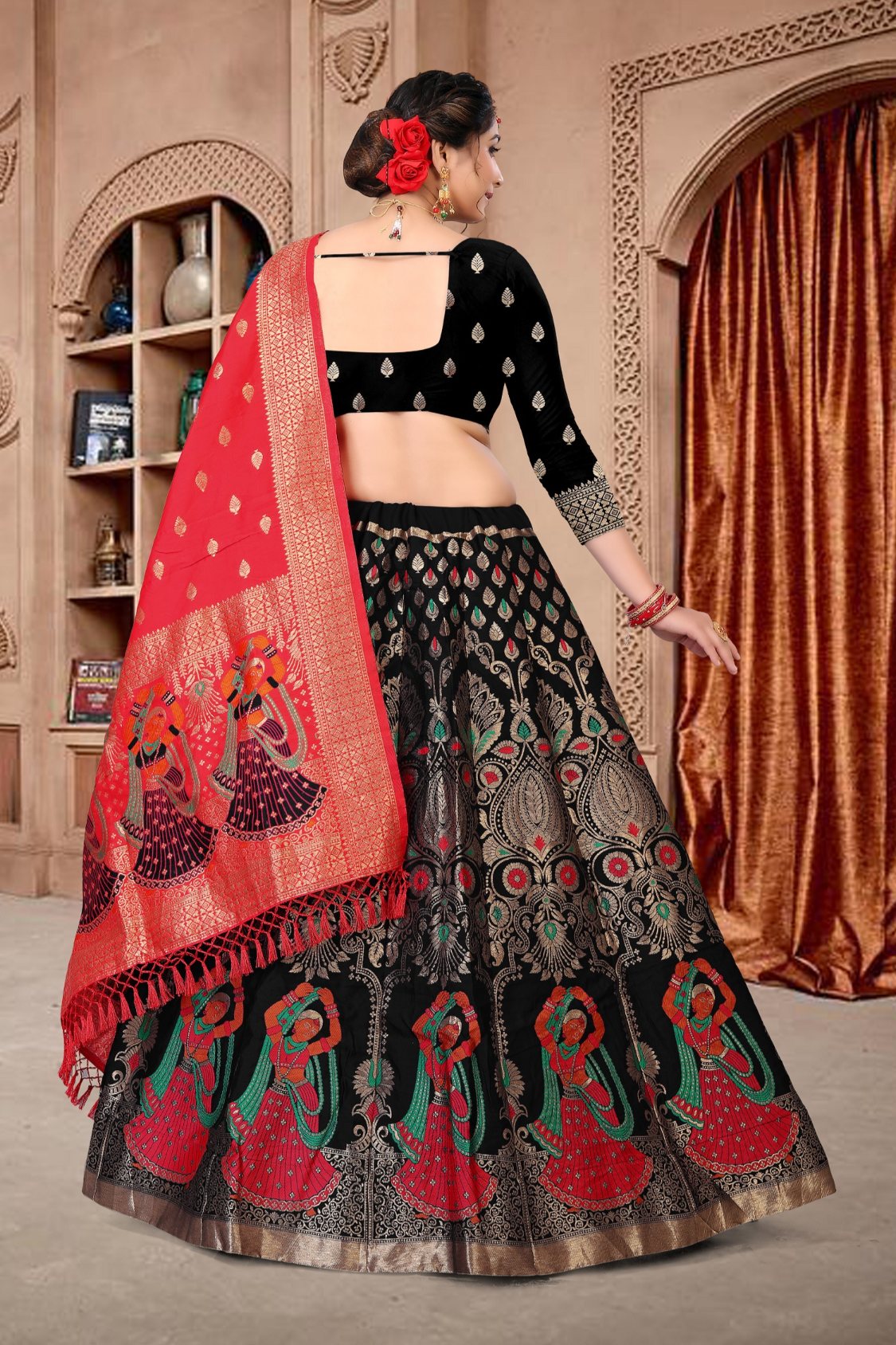 Jyoti Fashion Women's Black Jacquard Zari Woven Designer Lehenga Choli Set