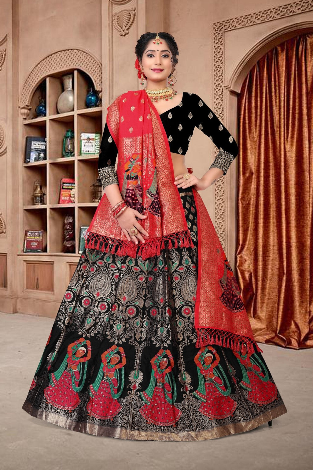 Jyoti Fashion Women's Black Jacquard Zari Woven Designer Lehenga Choli Set