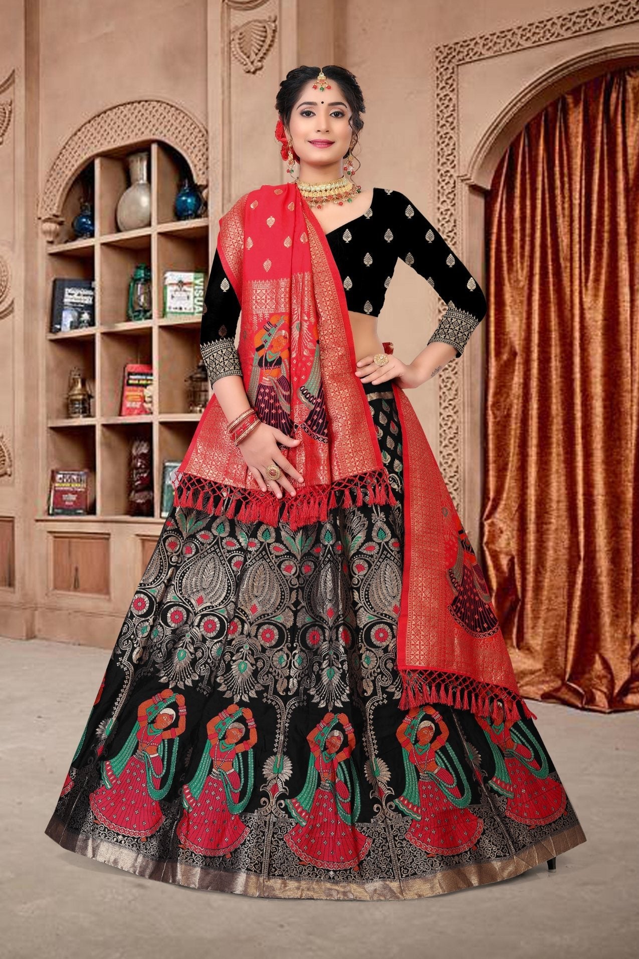 Jyoti Fashion Women's Black Jacquard Zari Woven Designer Lehenga Choli Set