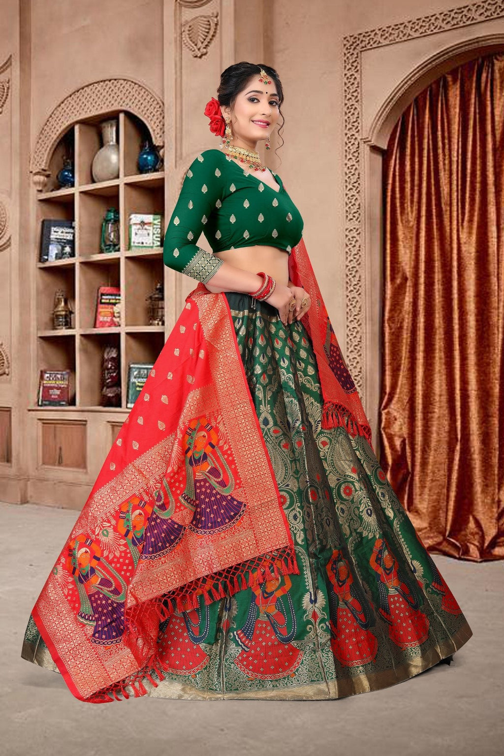 Jyoti Fashion Women's Dark Green Jacquard Zari Woven Designer Lehenga Choli Set