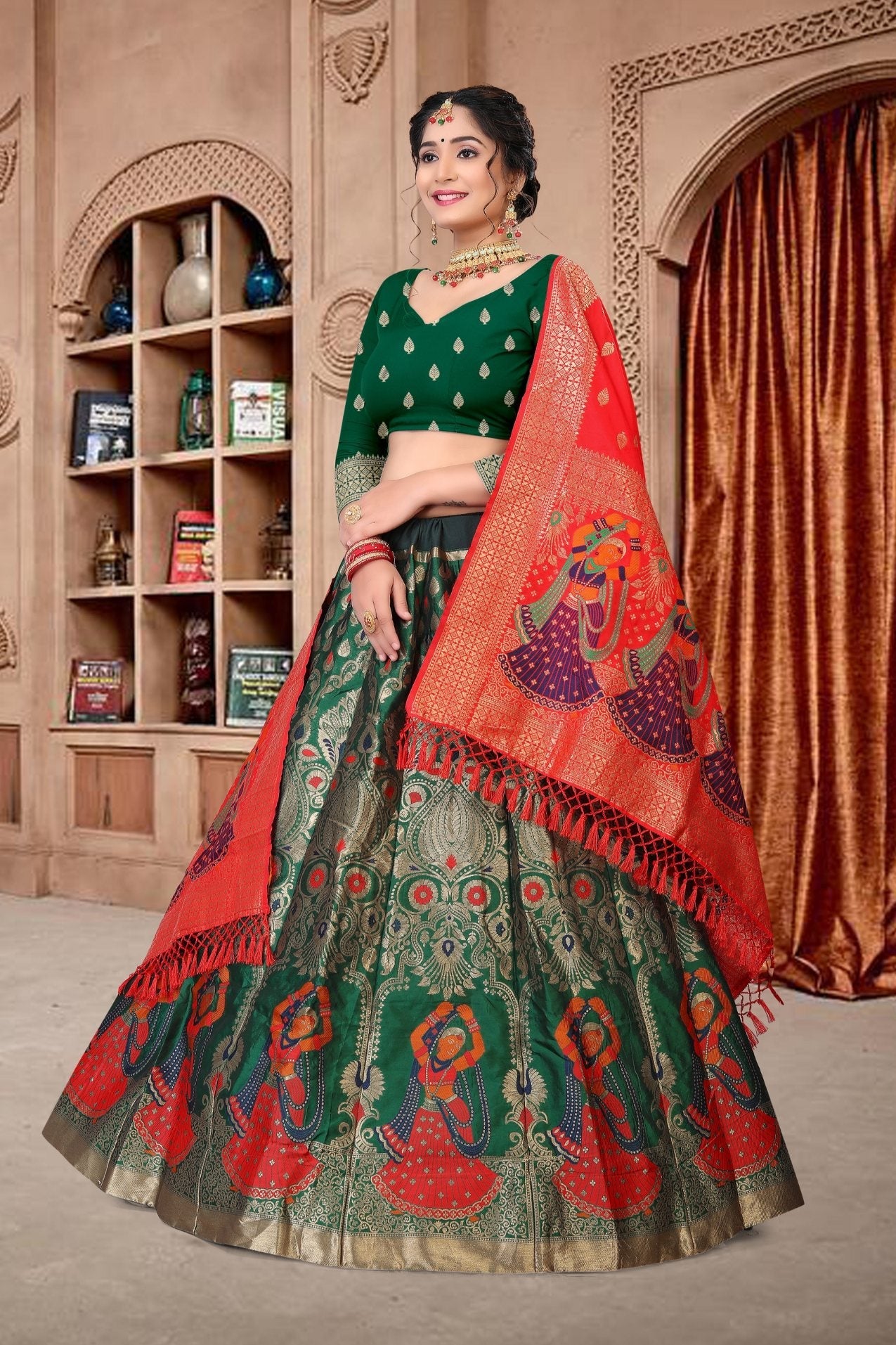 Jyoti Fashion Women's Dark Green Jacquard Zari Woven Designer Lehenga Choli Set