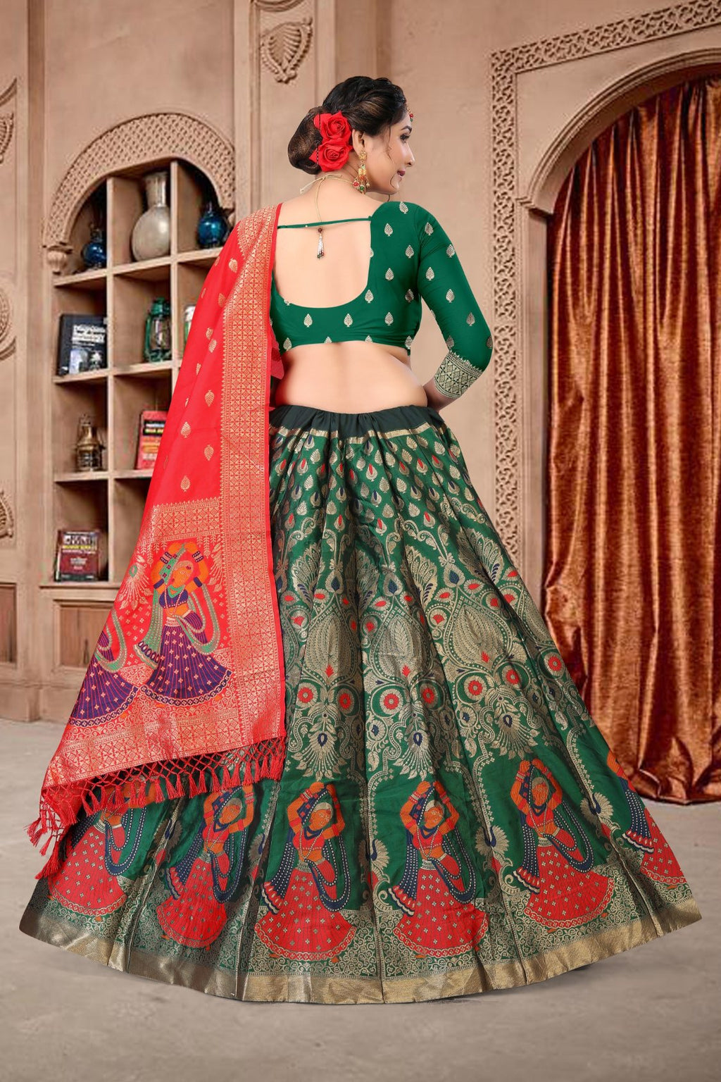 Jyoti Fashion Women's Dark Green Jacquard Zari Woven Designer Lehenga Choli Set