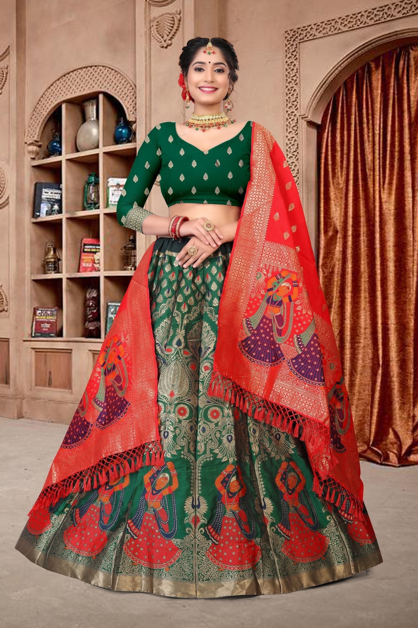 Jyoti Fashion Women's Dark Green Jacquard Zari Woven Designer Lehenga Choli Set