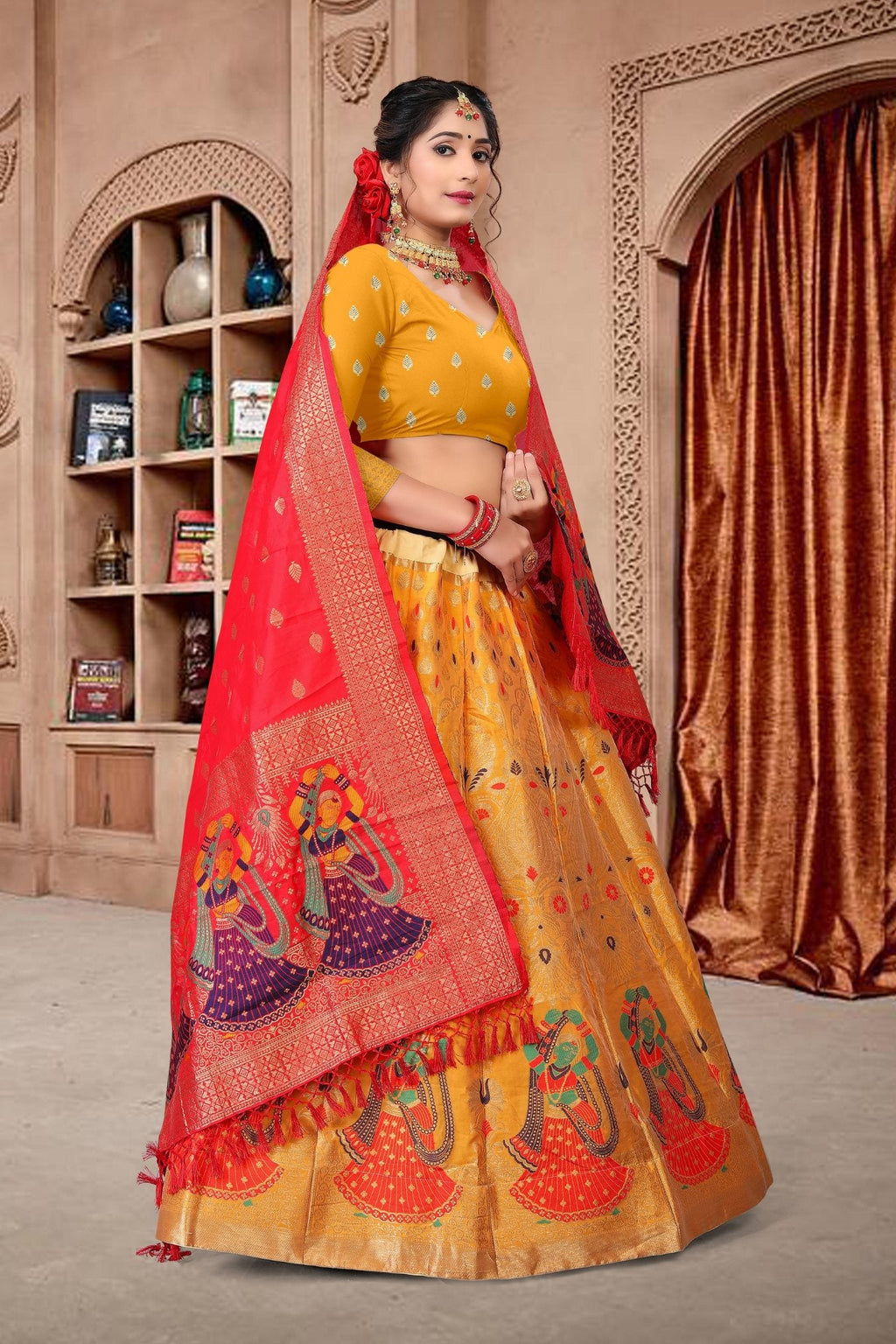 Jyoti Fashion Women's Yellow Jacquard Zari Woven Designer Lehenga Choli Set