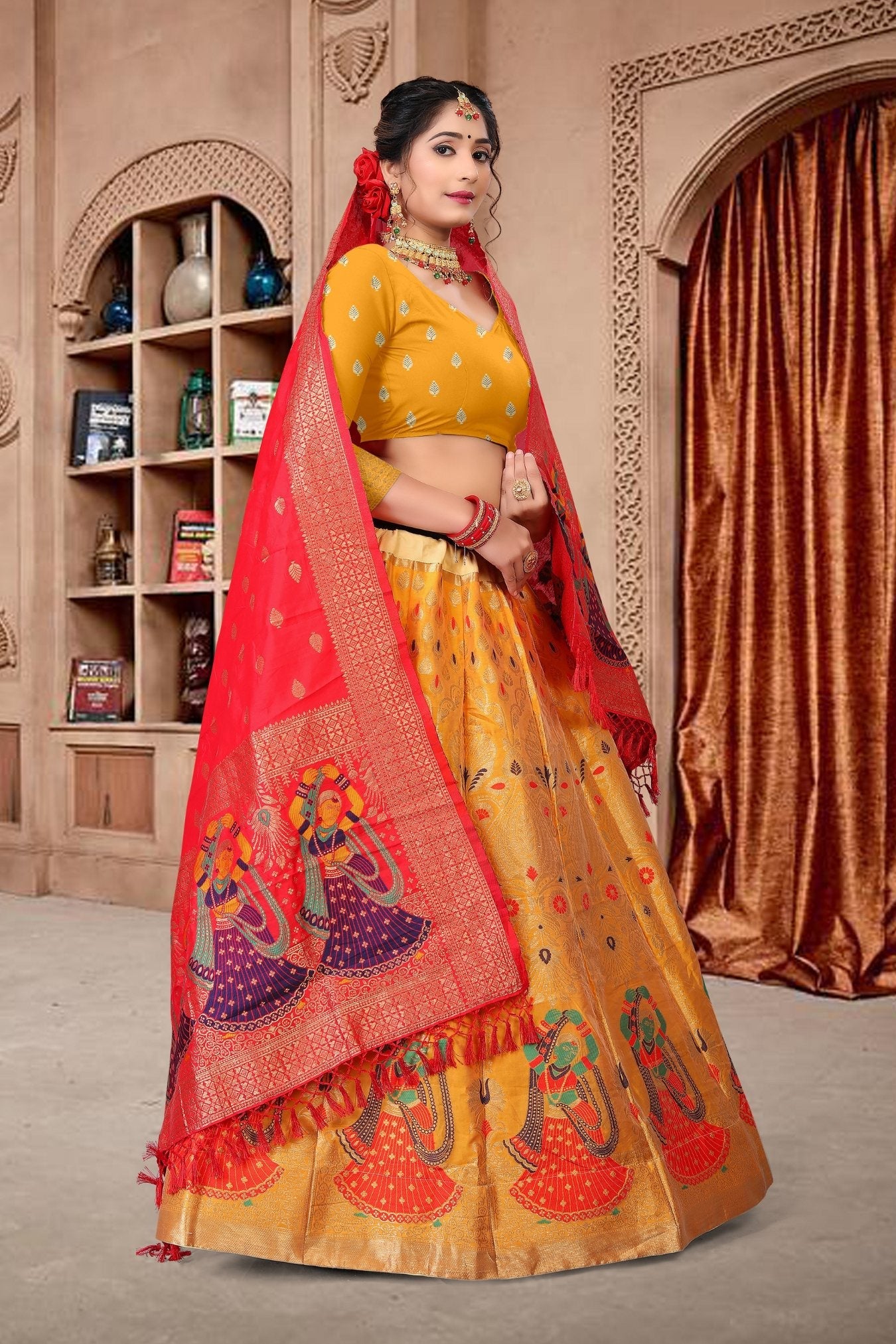 Jyoti Fashion Women's Yellow Jacquard Zari Woven Designer Lehenga Choli Set