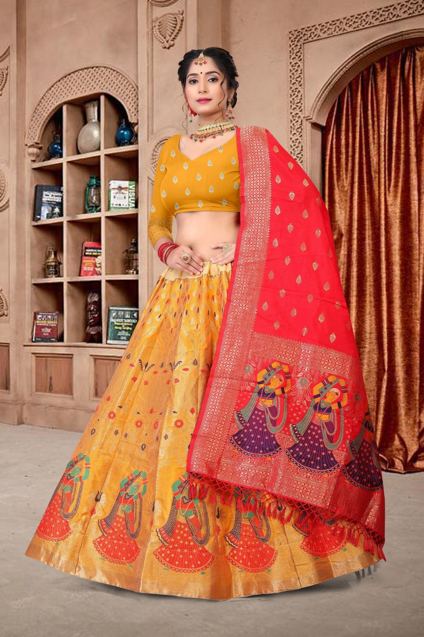 Jyoti Fashion Women's Yellow Jacquard Zari Woven Designer Lehenga Choli Set