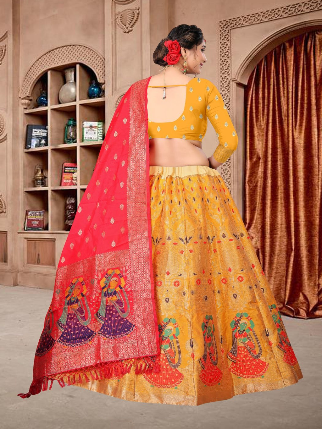 Jyoti Fashion Women's Yellow Jacquard Zari Woven Designer Lehenga Choli Set