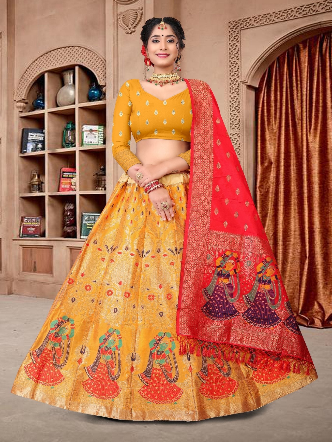 Jyoti Fashion Women's Yellow Jacquard Zari Woven Designer Lehenga Choli Set