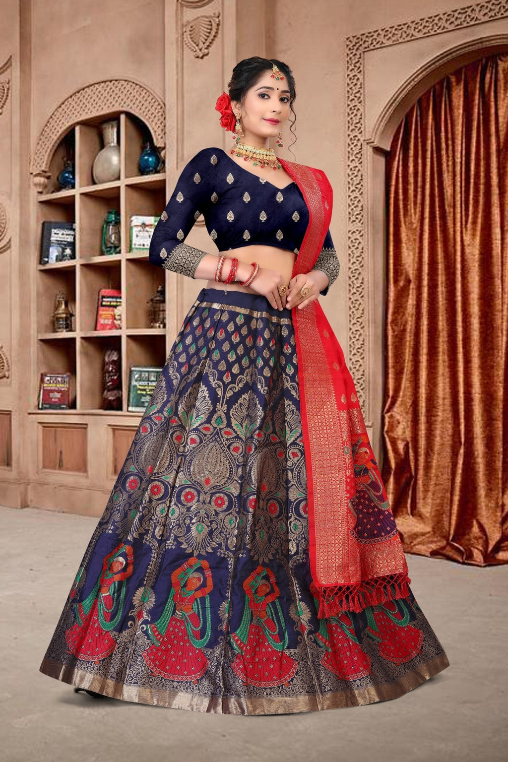 Jyoti Fashion Women's Navy Blue Jacquard Zari Woven Designer Lehenga Choli Set
