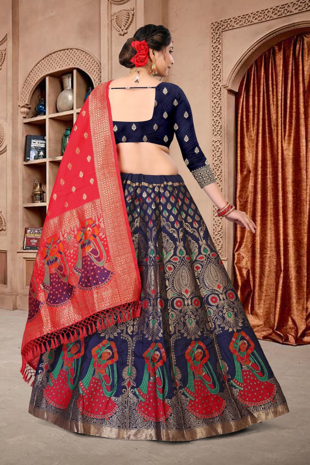 Jyoti Fashion Women's Navy Blue Jacquard Zari Woven Designer Lehenga Choli Set
