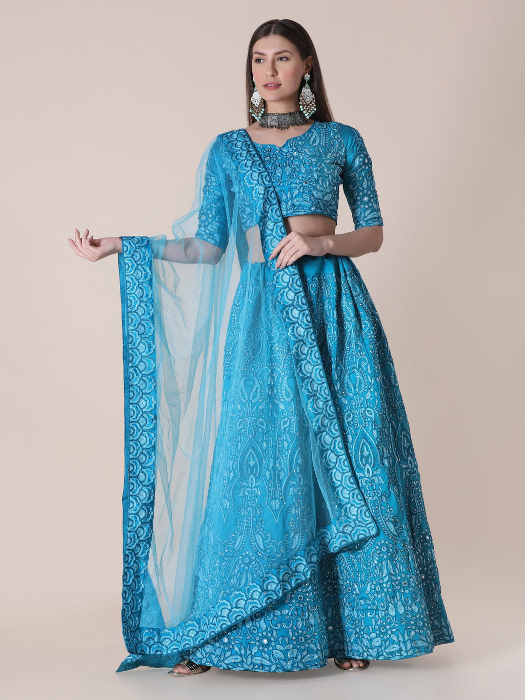 Jyoti Fashion Women's Sky Blue Taffeta Silk Thread Embroidered Designer Lehenga Choli Set