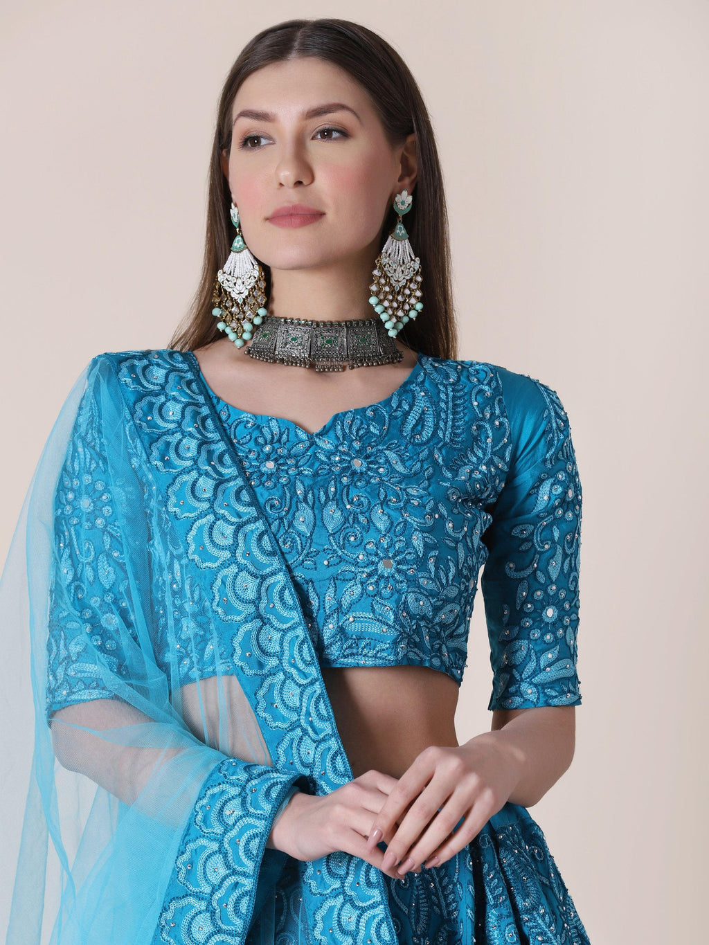 Jyoti Fashion Women's Sky Blue Taffeta Silk Thread Embroidered Designer Lehenga Choli Set