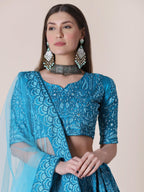 Jyoti Fashion Women's Sky Blue Taffeta Silk Thread Embroidered Designer Lehenga Choli Set