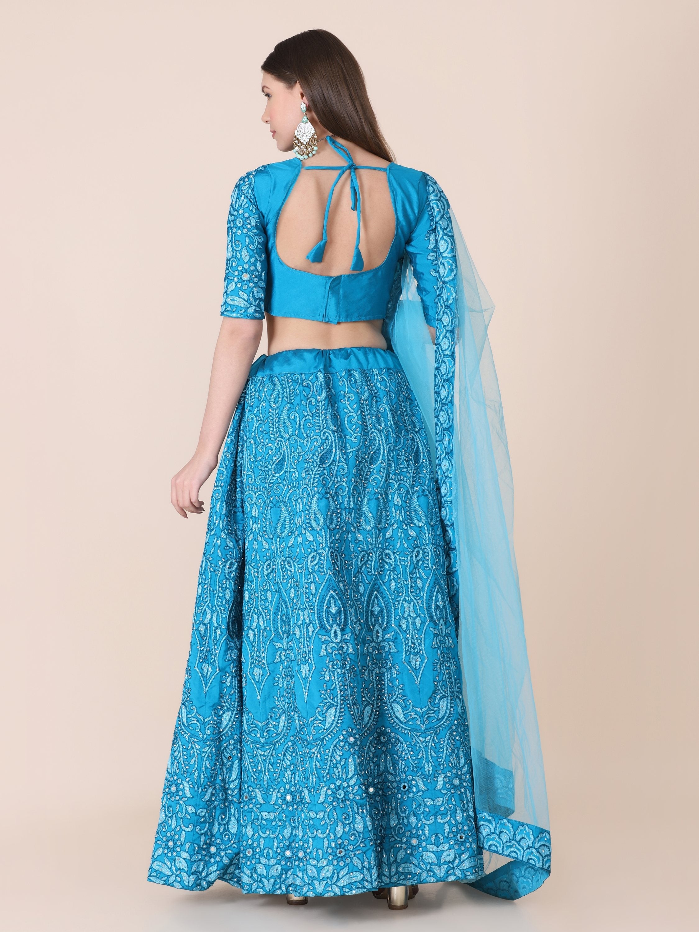 Jyoti Fashion Women's Sky Blue Taffeta Silk Thread Embroidered Designer Lehenga Choli Set