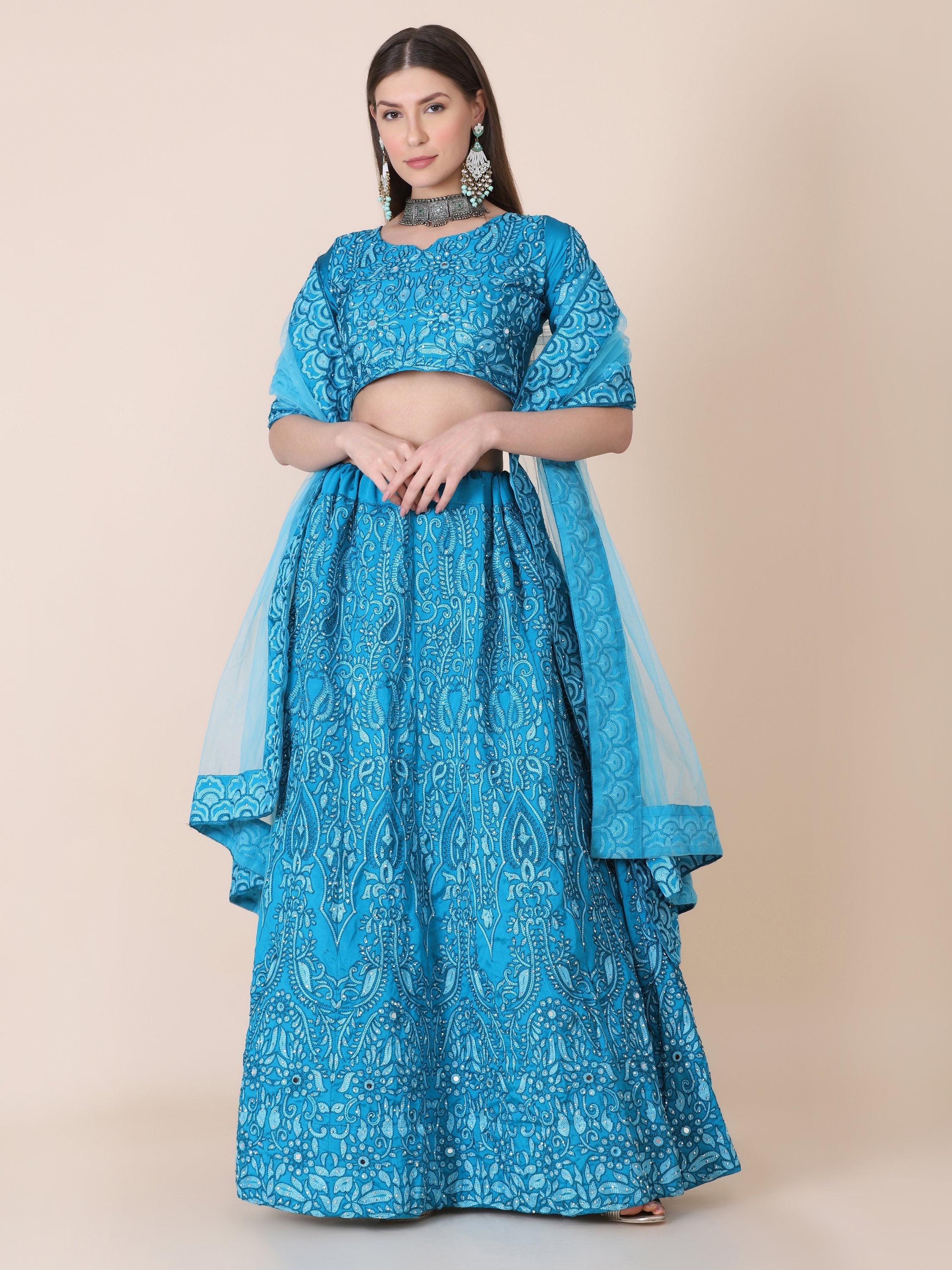 Jyoti Fashion Women's Sky Blue Taffeta Silk Thread Embroidered Designer Lehenga Choli Set