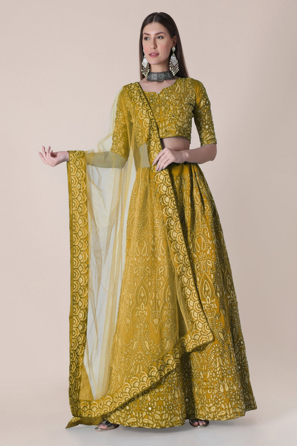 Jyoti Fashion Women's Mustard Taffeta Silk Thread Embroidered Designer Lehenga Choli Set