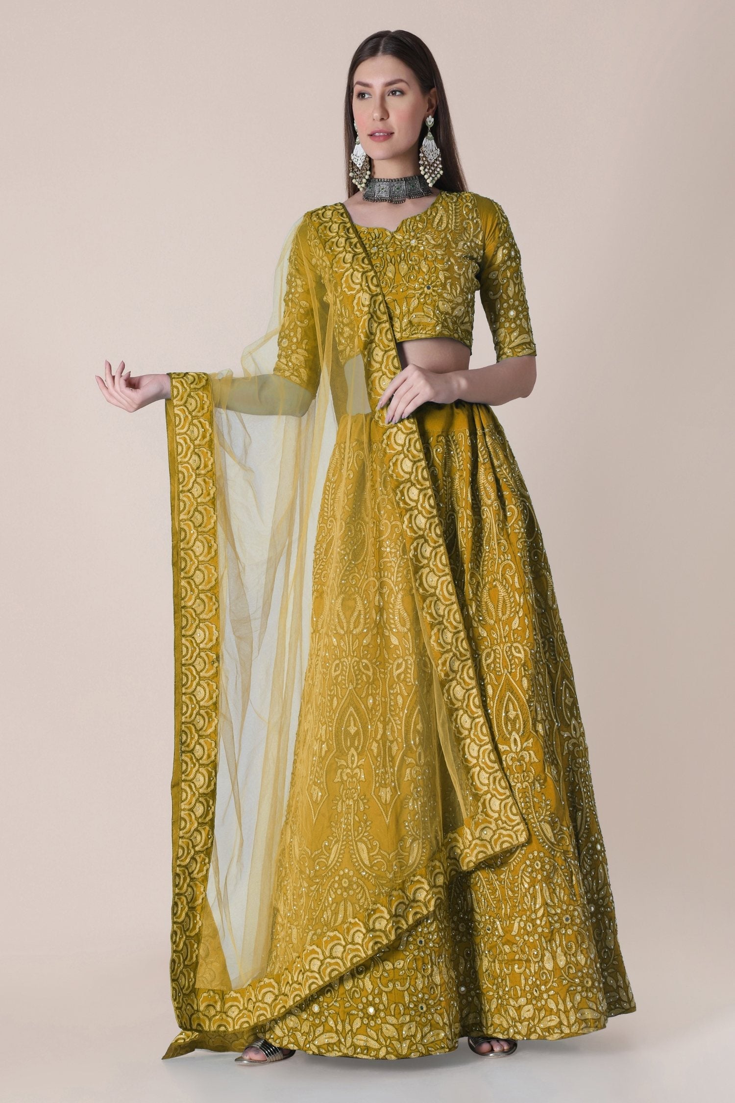 Jyoti Fashion Women's Mustard Taffeta Silk Thread Embroidered Designer Lehenga Choli Set