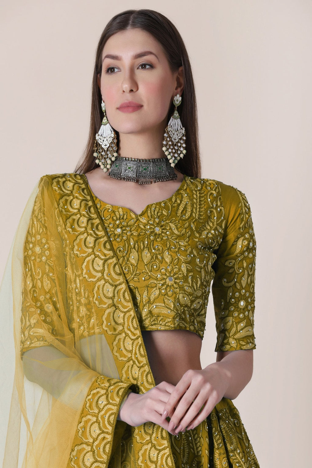 Jyoti Fashion Women's Mustard Taffeta Silk Thread Embroidered Designer Lehenga Choli Set