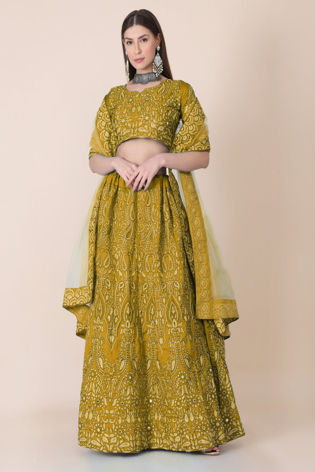Jyoti Fashion Women's Mustard Taffeta Silk Thread Embroidered Designer Lehenga Choli Set