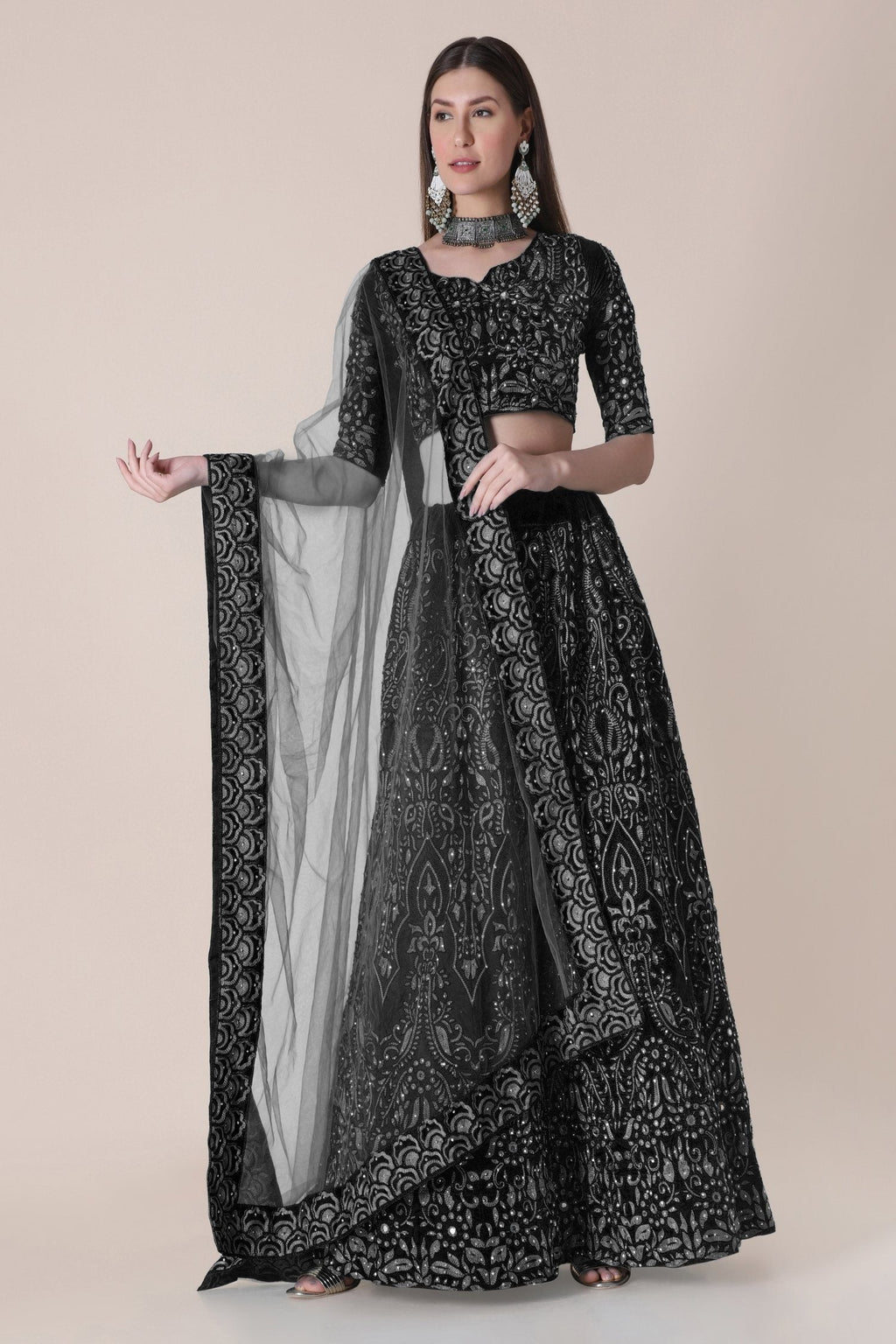 Jyoti Fashion Women's Black Taffeta Silk Thread Embroidered Designer Lehenga Choli Set