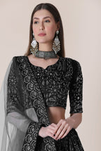 Jyoti Fashion Women's Black Taffeta Silk Thread Embroidered Designer Lehenga Choli Set