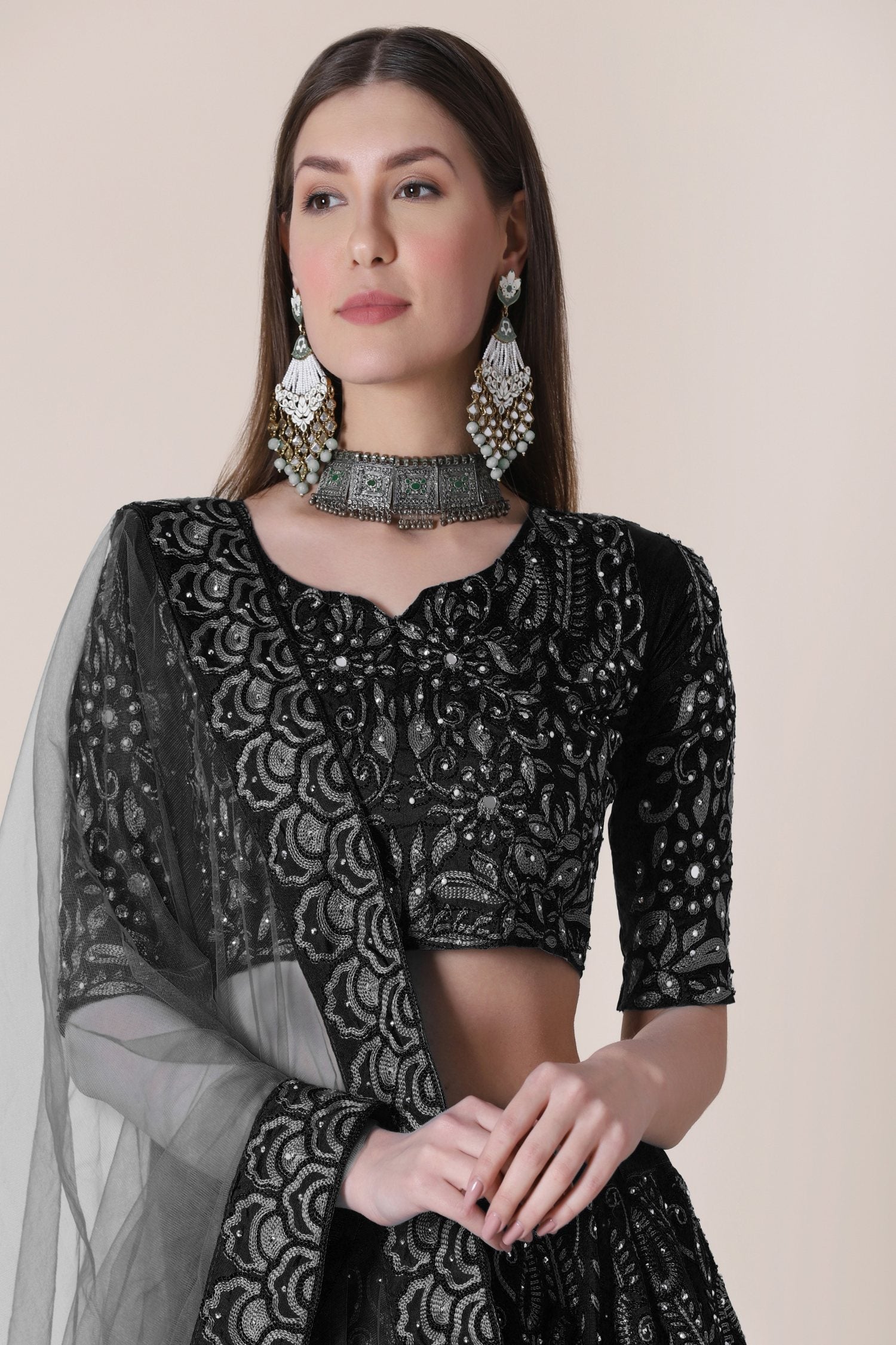 Jyoti Fashion Women's Black Taffeta Silk Thread Embroidered Designer Lehenga Choli Set