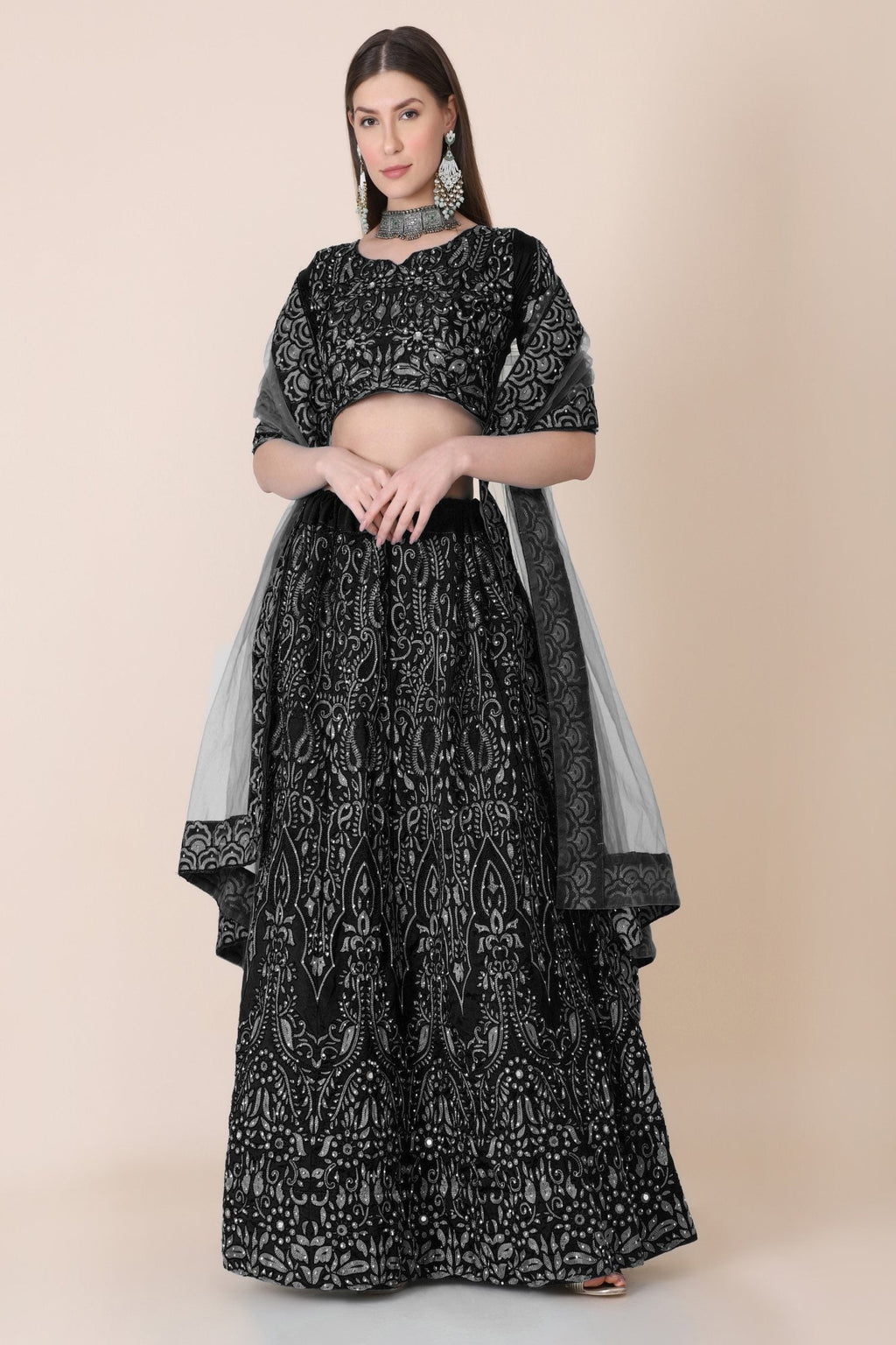 Jyoti Fashion Women's Black Taffeta Silk Thread Embroidered Designer Lehenga Choli Set
