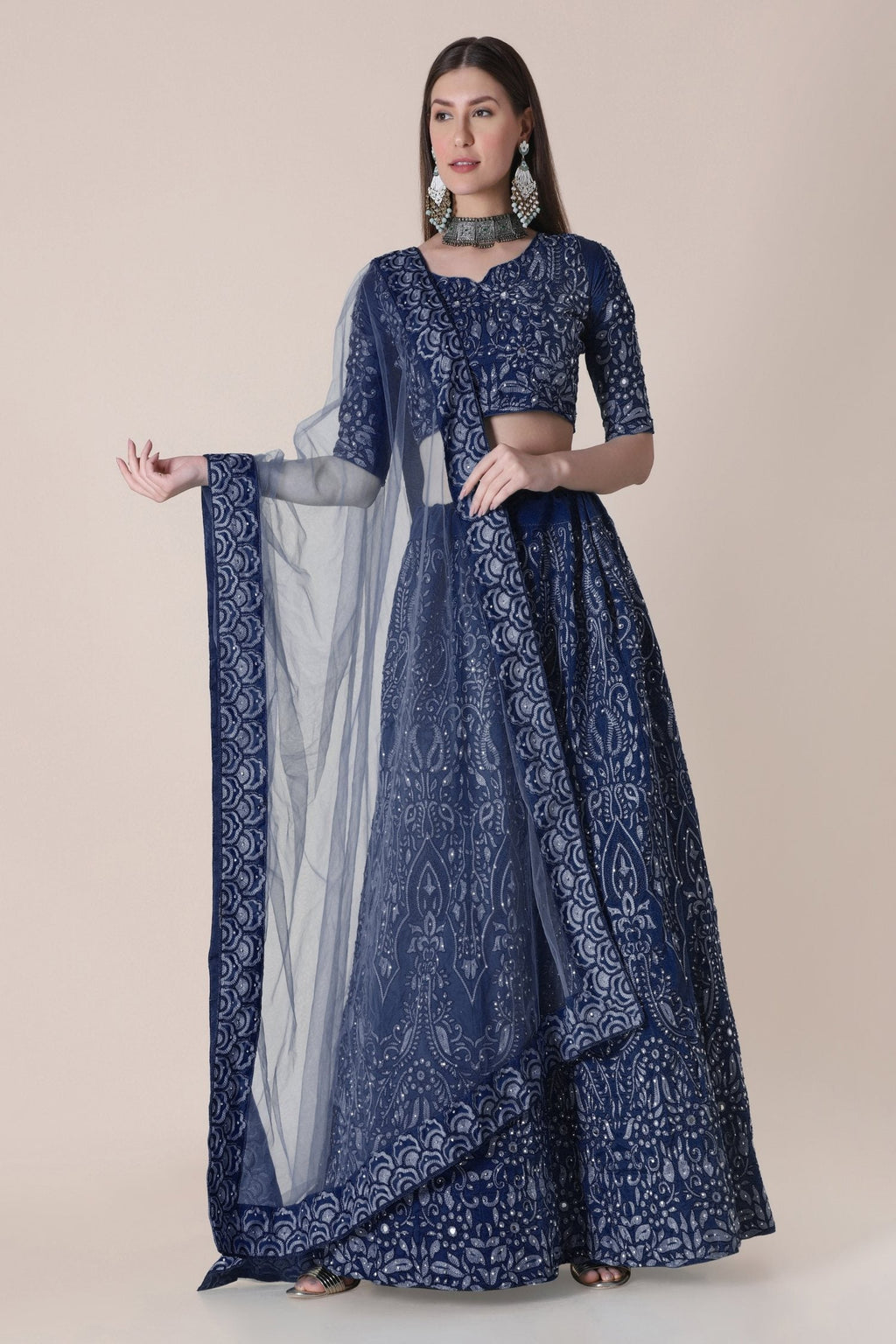 Jyoti Fashion Women's Navy Blue Taffeta Silk Thread Embroidered Designer Lehenga Choli Set