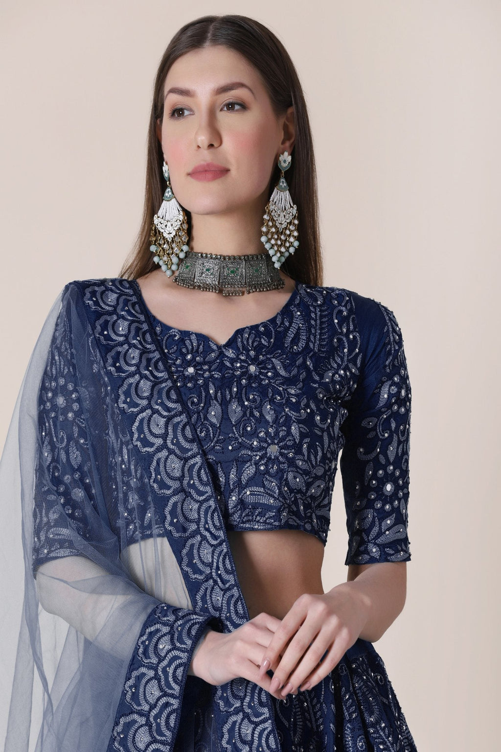 Jyoti Fashion Women's Navy Blue Taffeta Silk Thread Embroidered Designer Lehenga Choli Set