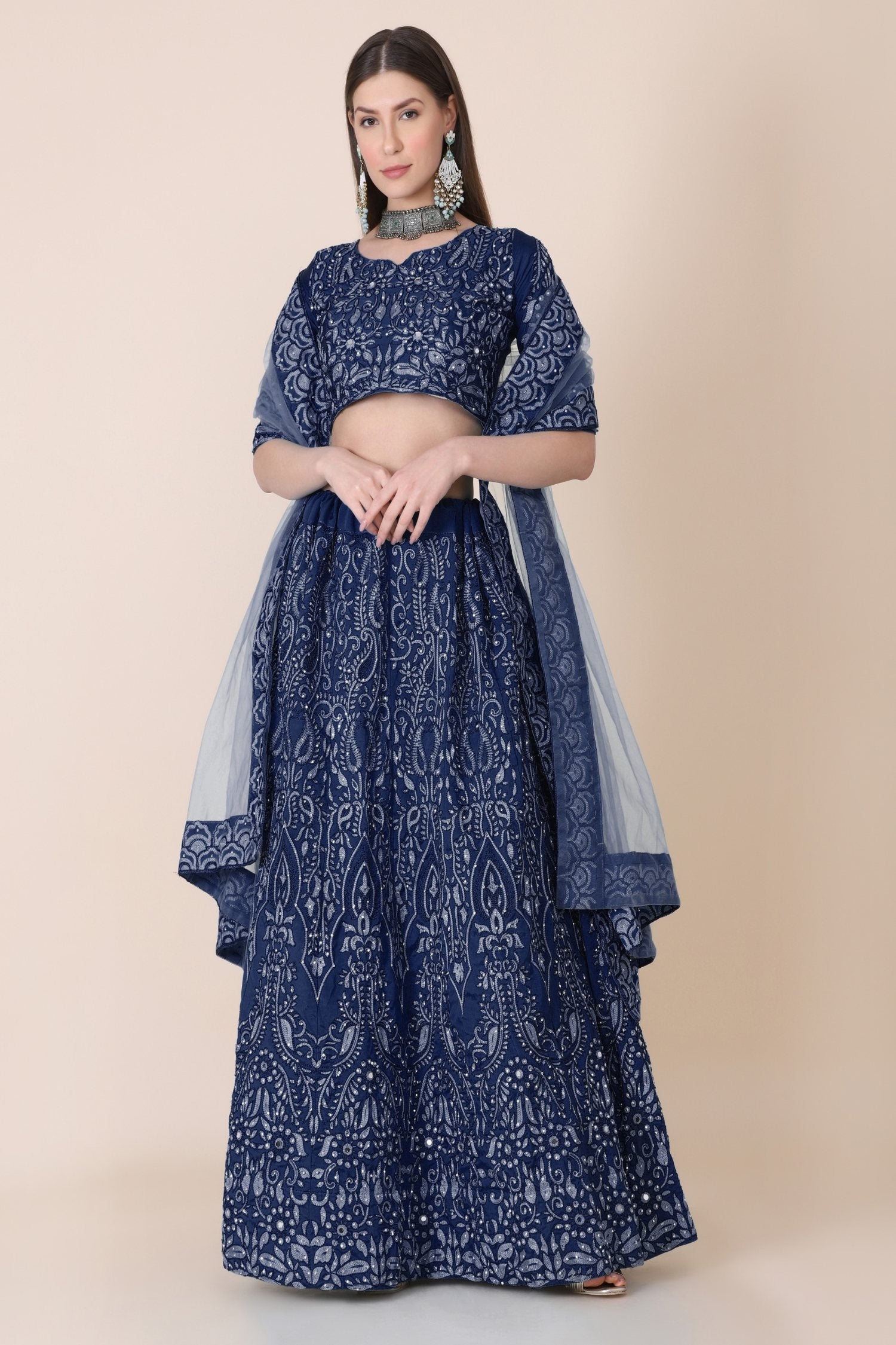Jyoti Fashion Women's Navy Blue Taffeta Silk Thread Embroidered Designer Lehenga Choli Set