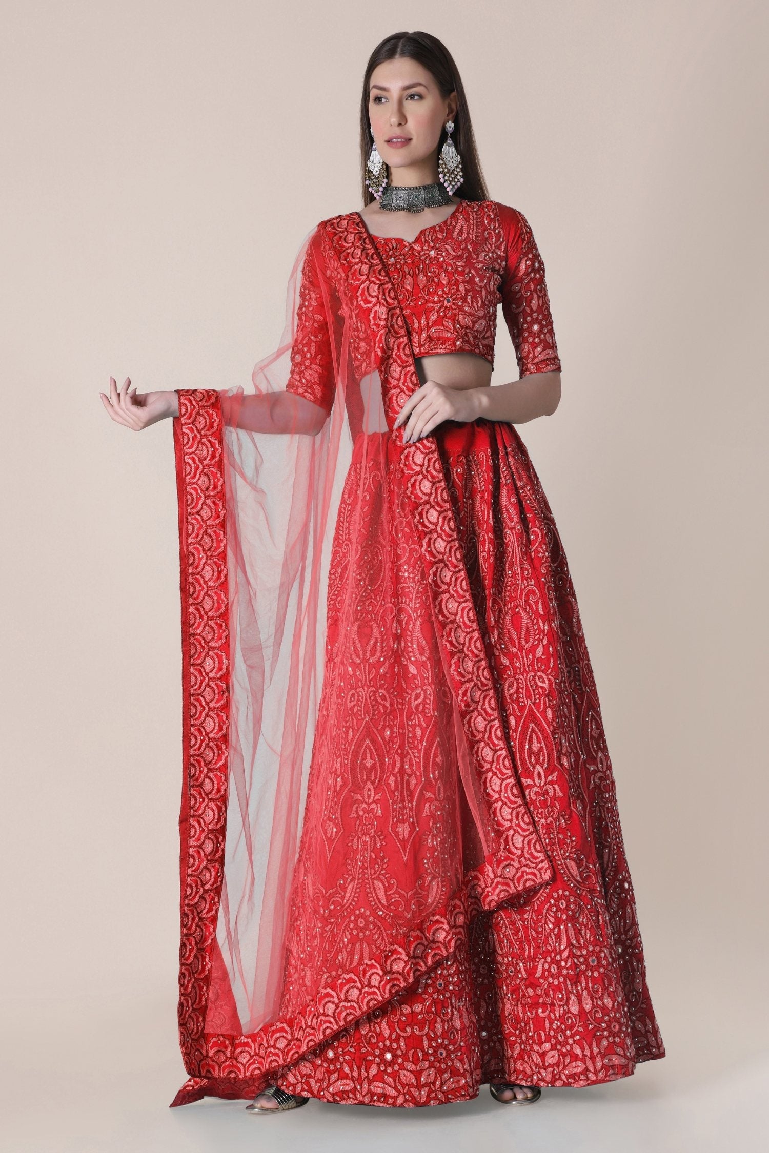 Jyoti Fashion Women's Red Taffeta Silk Thread Embroidered Designer Lehenga Choli Set
