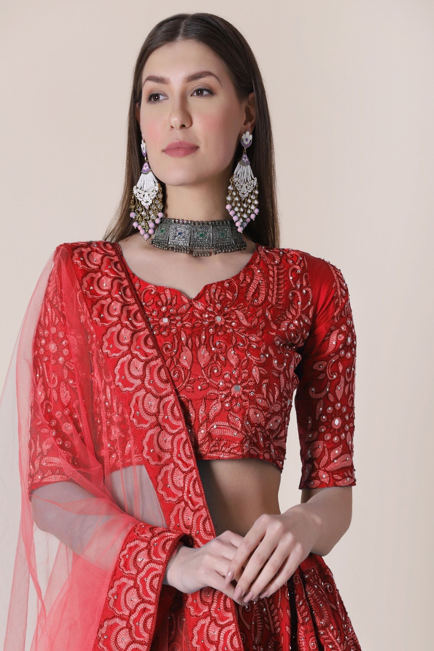 Jyoti Fashion Women's Red Taffeta Silk Thread Embroidered Designer Lehenga Choli Set