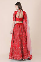 Jyoti Fashion Women's Red Taffeta Silk Thread Embroidered Designer Lehenga Choli Set