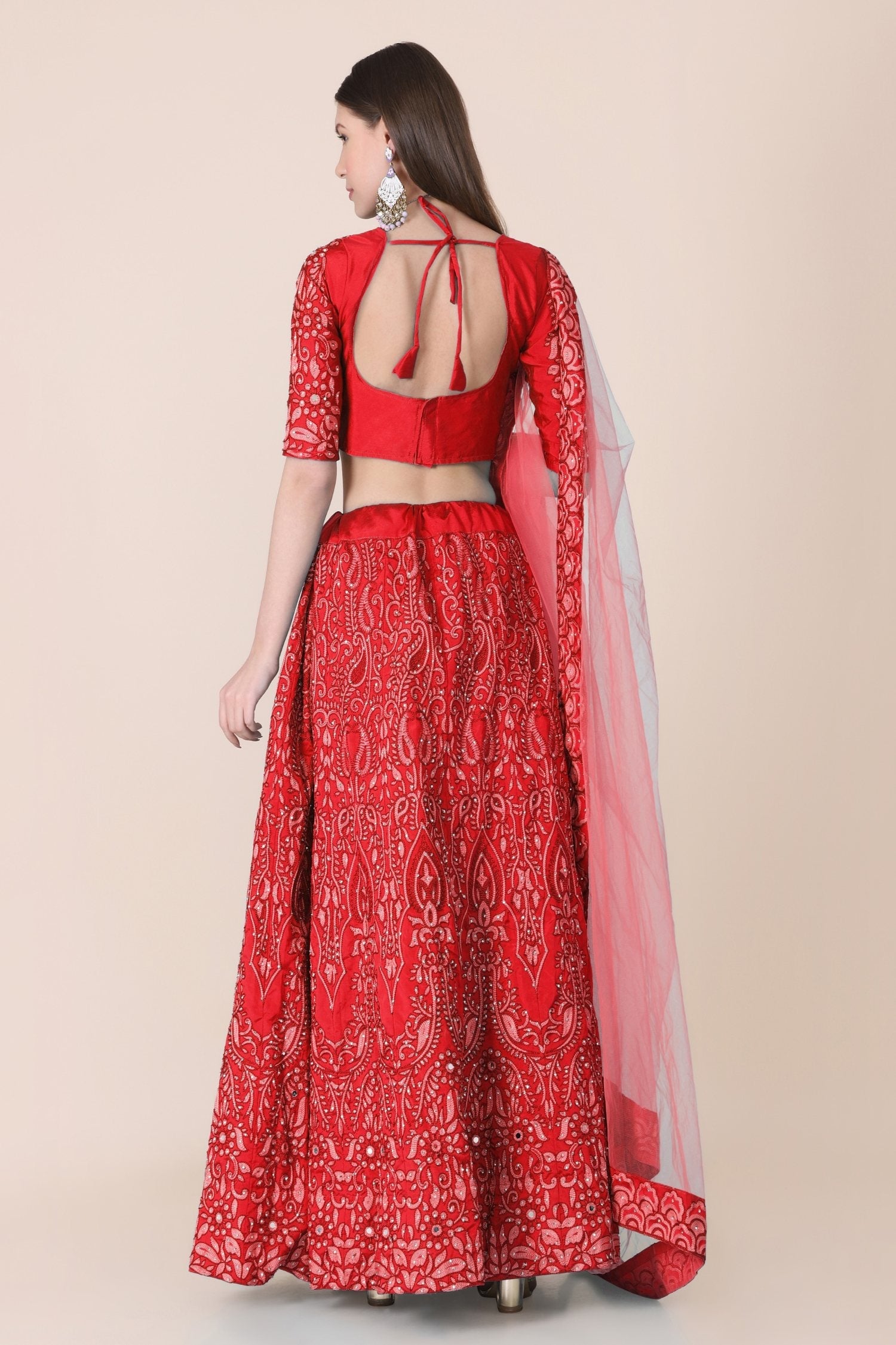 Jyoti Fashion Women's Red Taffeta Silk Thread Embroidered Designer Lehenga Choli Set