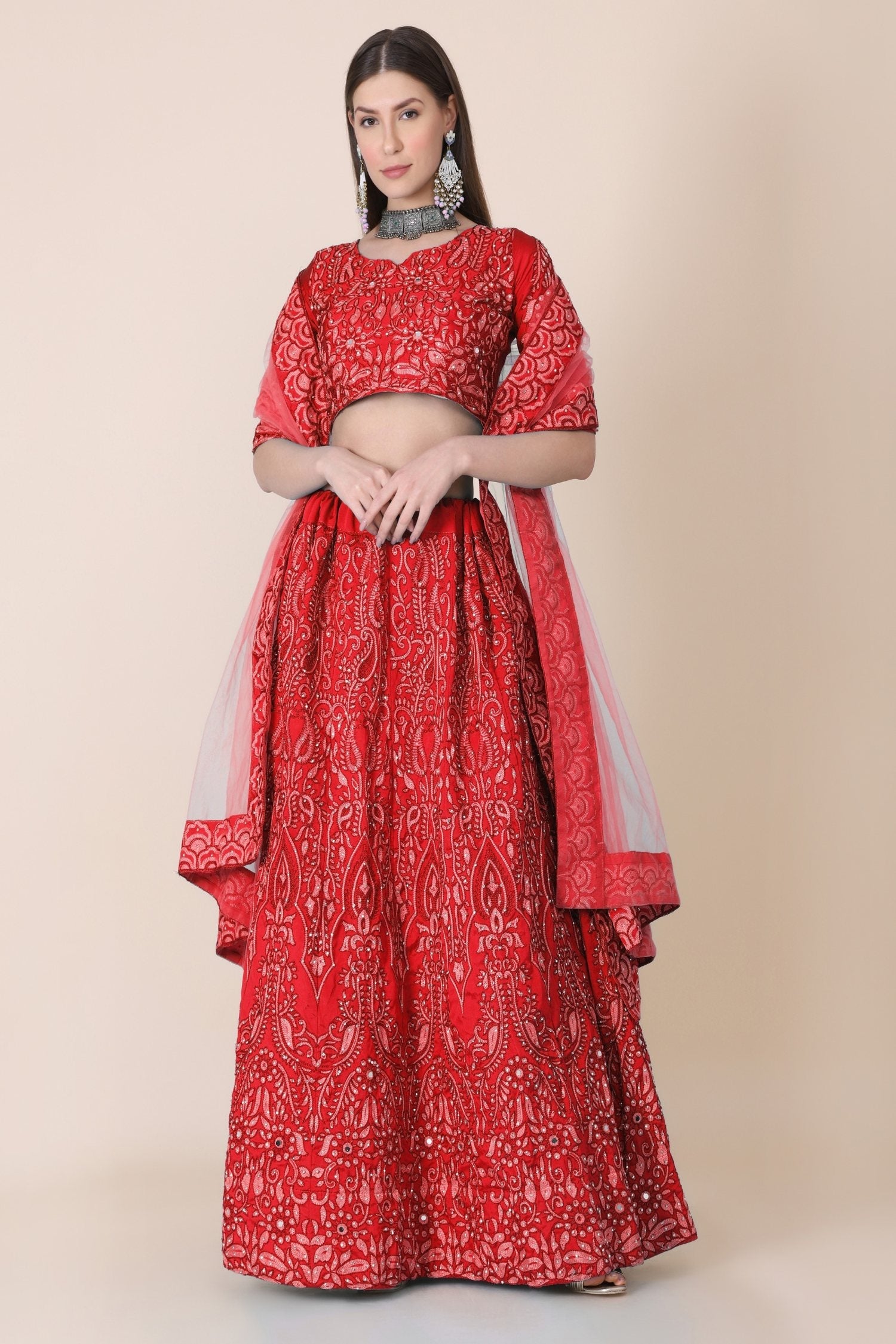 Jyoti Fashion Women's Red Taffeta Silk Thread Embroidered Designer Lehenga Choli Set
