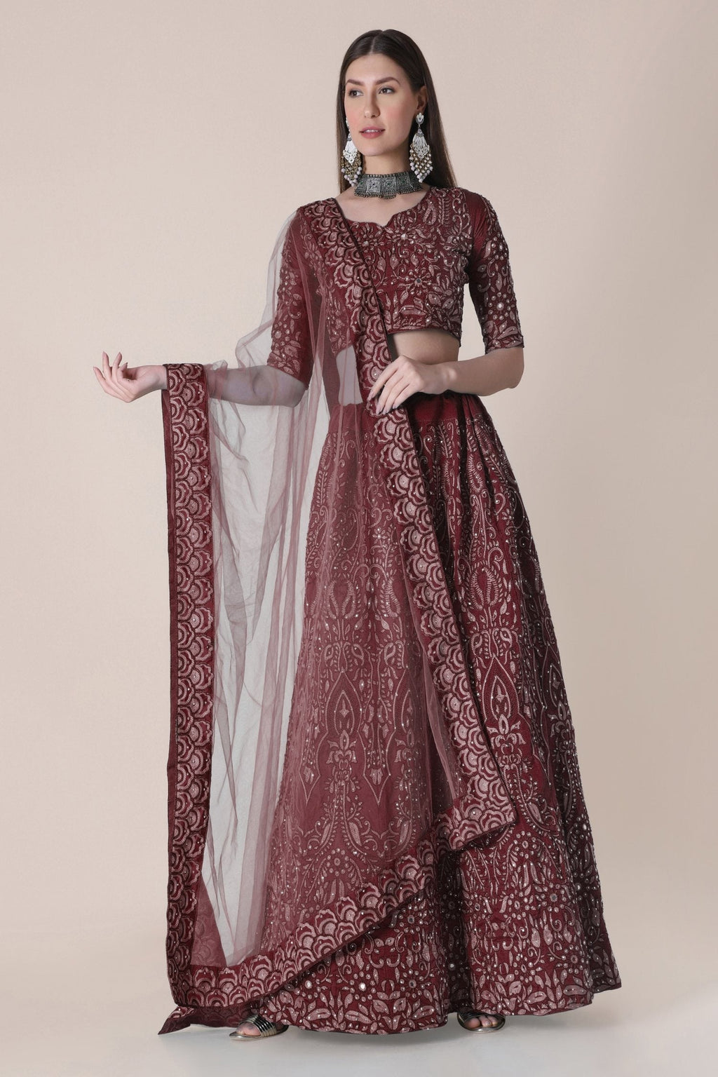 Jyoti Fashion Women's Maroon Taffeta Silk Thread Embroidered Designer Lehenga Choli Set